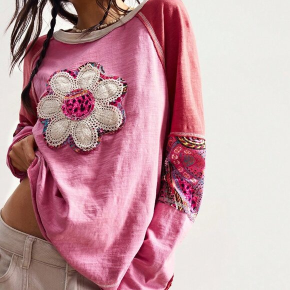 Multicolor Boho Casual Women's Patchwork Loose Washed Graphic T-Shirt - Picture 5 of 7